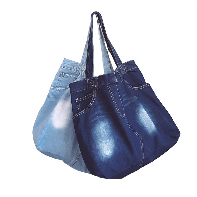 6 teile/los Frauen Einkaufstasche Kreative Tote Beutel See Weibliche Große Kapazität gerissen Gewaschen Denim Schulter Denim Mädchen Handtasche