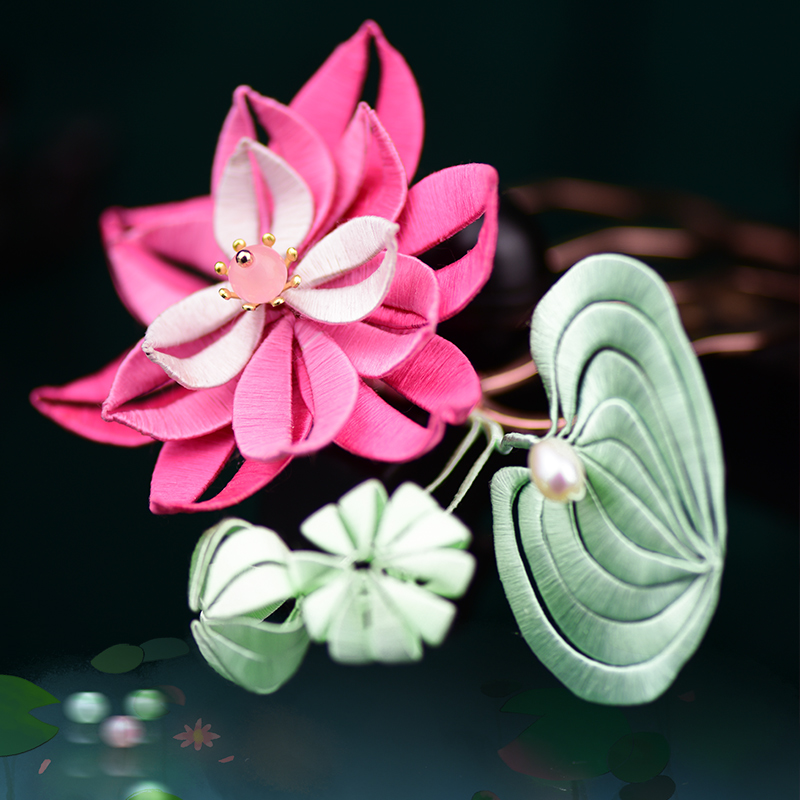 Kit de grampo de cabelo florido de lótus, acessório tradicional para iniciantes com fios para bordar