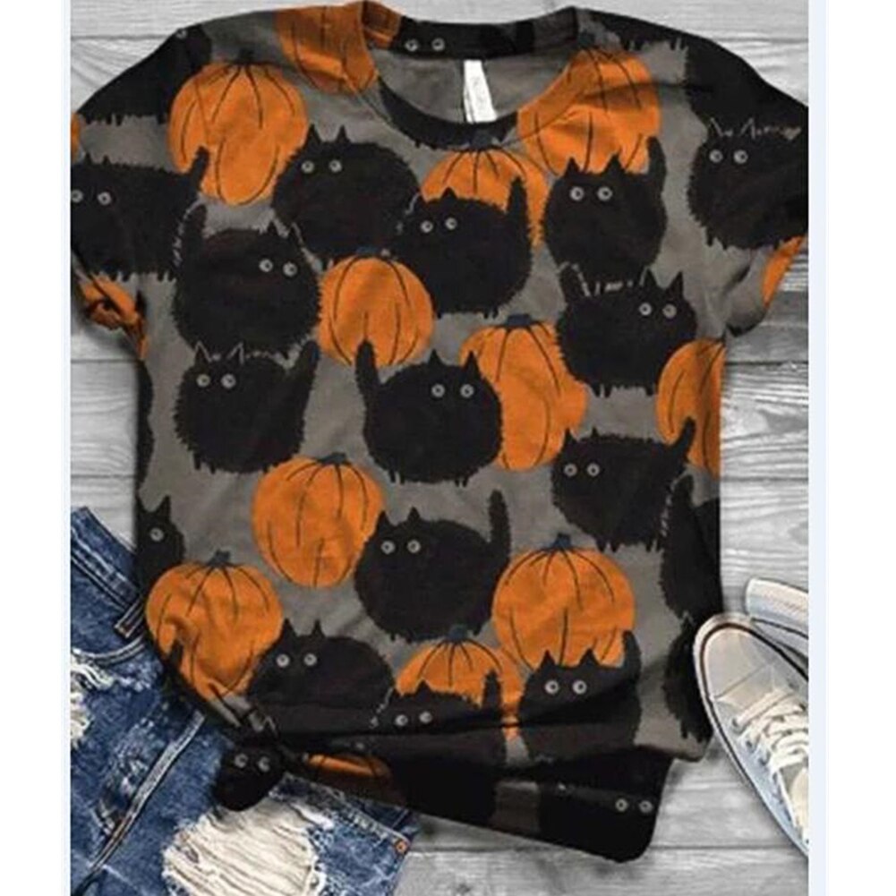 Halloween-print ronde hals casual t-shirt unisex halloween-patroon korte mouwen t-shirt top voor mannen vrouwen  hb88