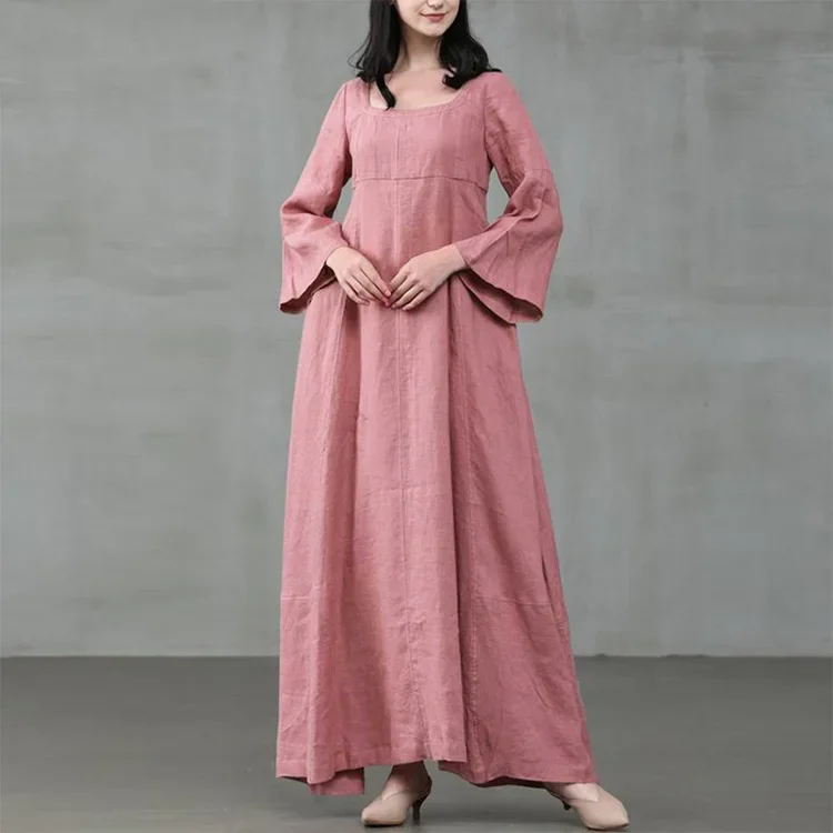 Robe medievale femme Costume palazzo coton lin été vittoriano Cosplay longue Maxi caftano Robe Carnevale di Halloween: XXXL / Colore rosa