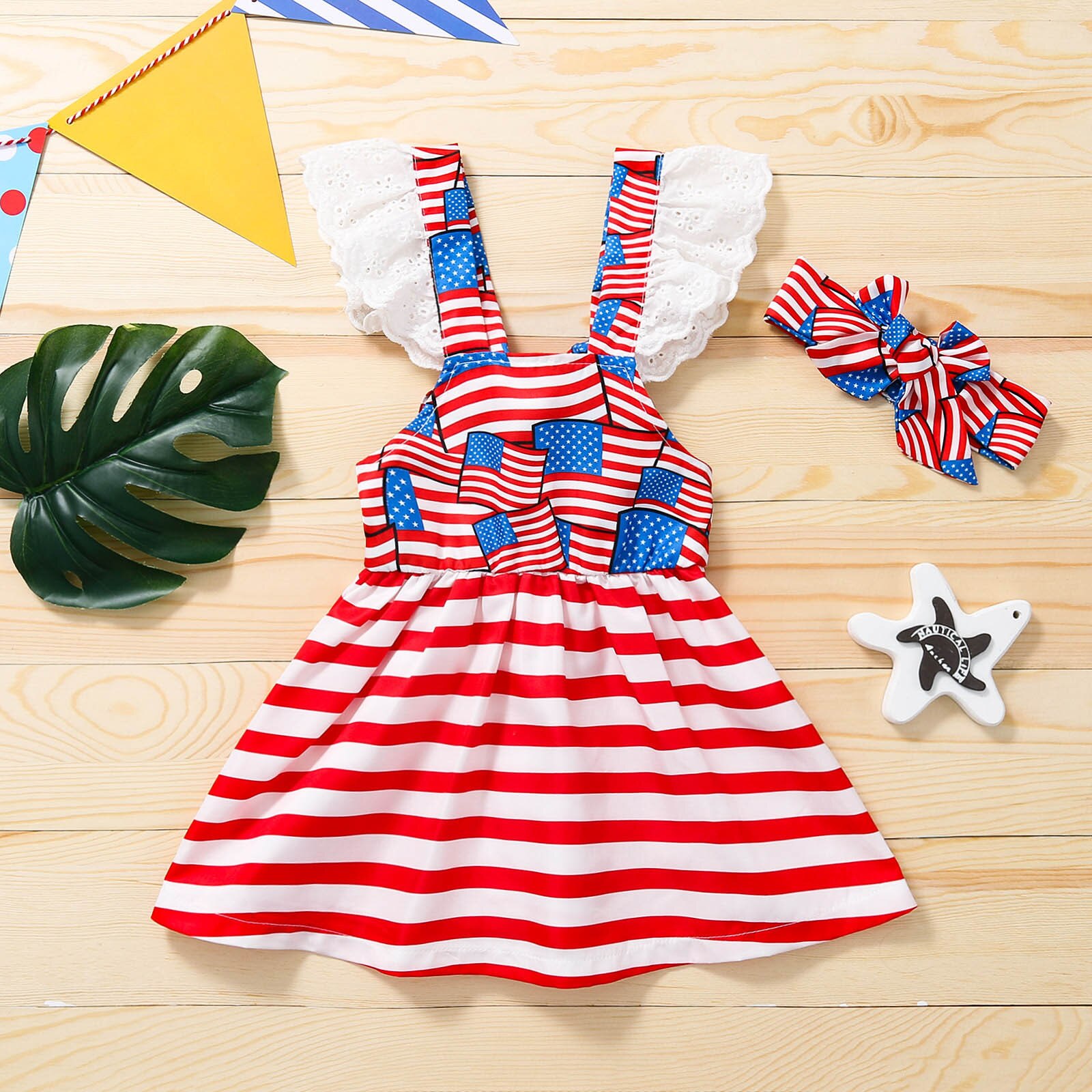 Summer Dresses For Kids Toddler Baby Girls 4th-of-July Stars Striped Printed Backless Princess Dress Baby Girls Beachwear