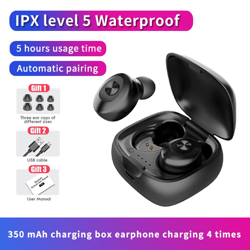 IPX5 Bluetooth Wireless Headphones 3D Stereo Sound Earbuds with Charging Box Waterproof Sport Earpiece Long Battery Life Headset: Black