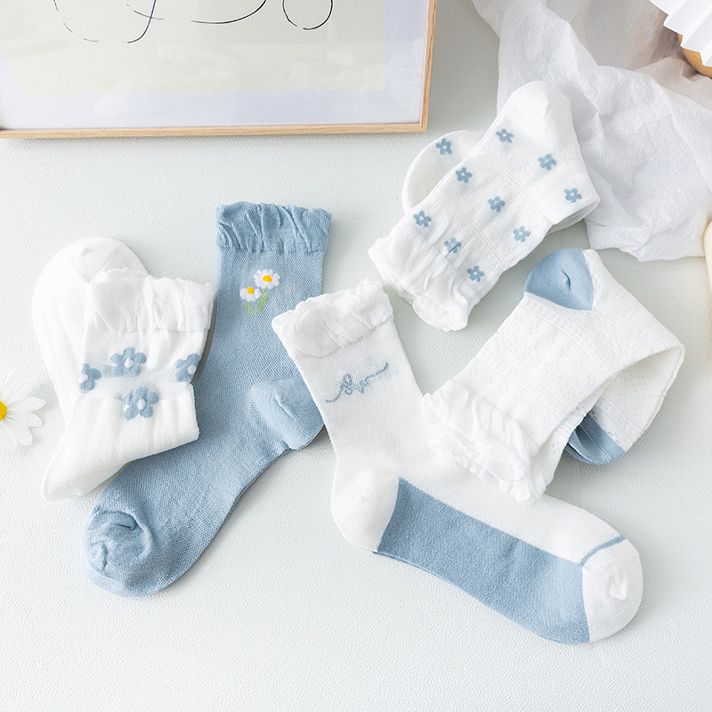 Baumwoll socken Frauen weiße Spitze weibliche dünne Mittel rohr eins Blumen druck niedlichen Baumwolle Frühling Herbst Sommer Rüschen Mädchen Strümpfe