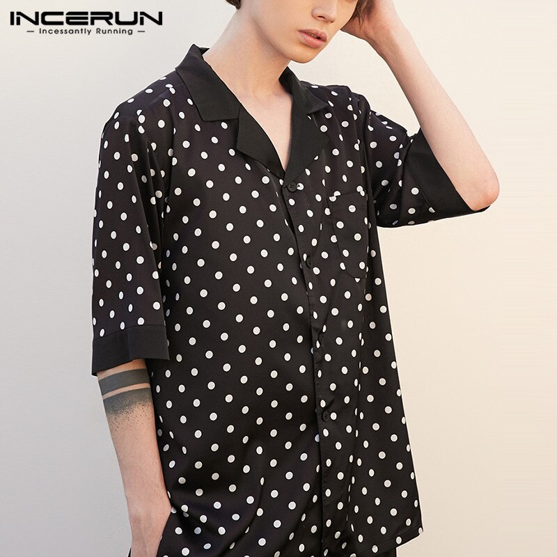 Men Loose Homewear Suits Comfy Sleepwear Sets INCERUN Leisure Polka Dot Blouse Elastice Waist Shorts Pajamas Suits S-5XL