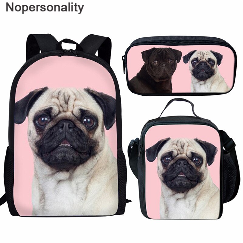 Nopersonality Teenager Girls Pug School BookBag Puppy Bagpack School Bag Print 3Pcs Kids Children Black Backpacks Women Mochilas: Z3163CGK