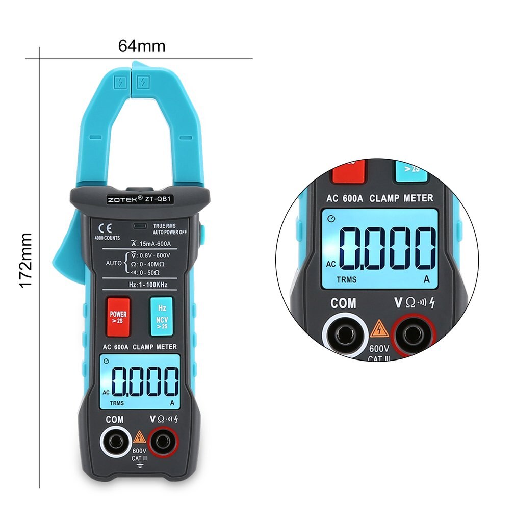 ZOTEK ZT-QB1 Digital Clamp Meter Multimeter True-RMS Peak Hold Auto Range AC/DC Volt AC Amp Ohm NCV Continuity Tester