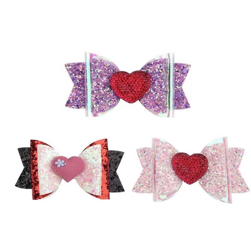 2022 1 Pcs Sweet Heart Valentine Day Hair Bows Popular Cheer Bows For Girls