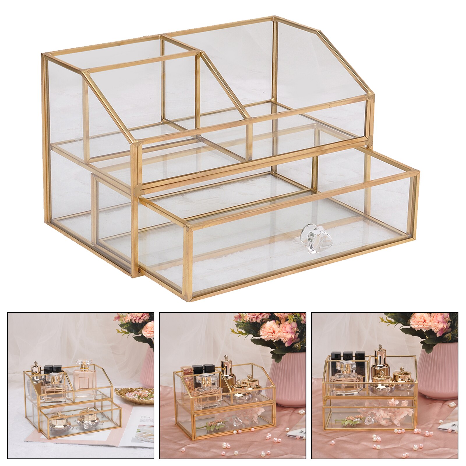 Luxury Glass Box Clear Glass Gold Tone Metal Jewelry Storage Case Cosmetic