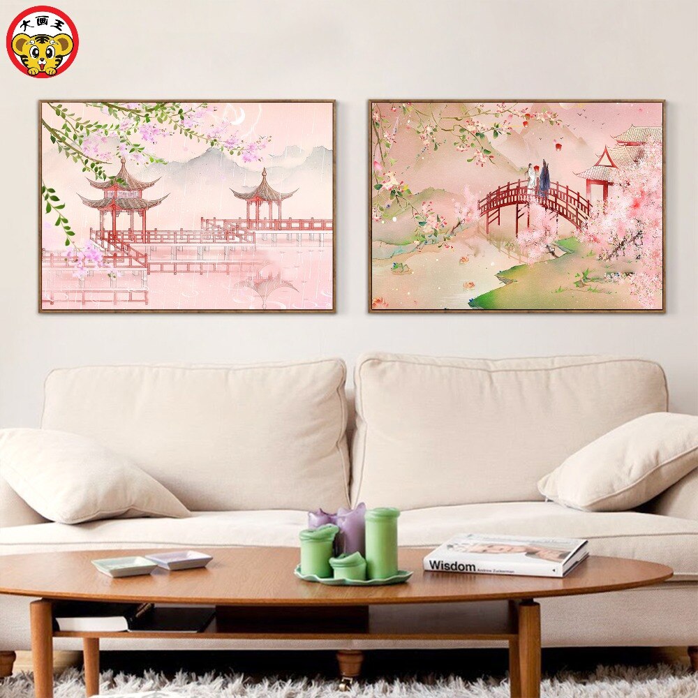 painting by numbers art paint by number Chinese ancient city tower peach landscape costume paintings by numbers on canvas oil