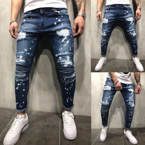 Hul blå denim bukser mænd ødelagt stretch skinny jeans mænd slim fit flex denim bukser bukser plus størrelse s -4xl