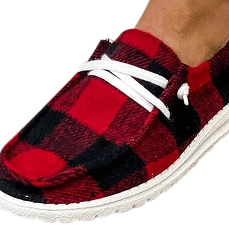 Buffalo Plaid Slip On Shoes Flat Sole Lace up Casual Canvas Shoes for Women Christmas FS99