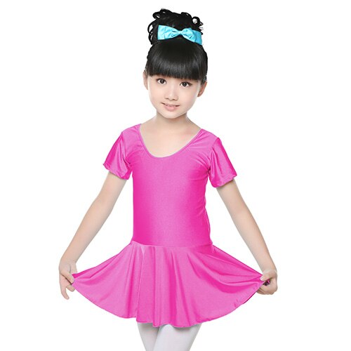 Piger børn sommer skinnende spandex kortærmet dansekjole børn gymnastik ballet nederdel trikot: Hot pink kortærmet / Xl højde 105 til 115cm