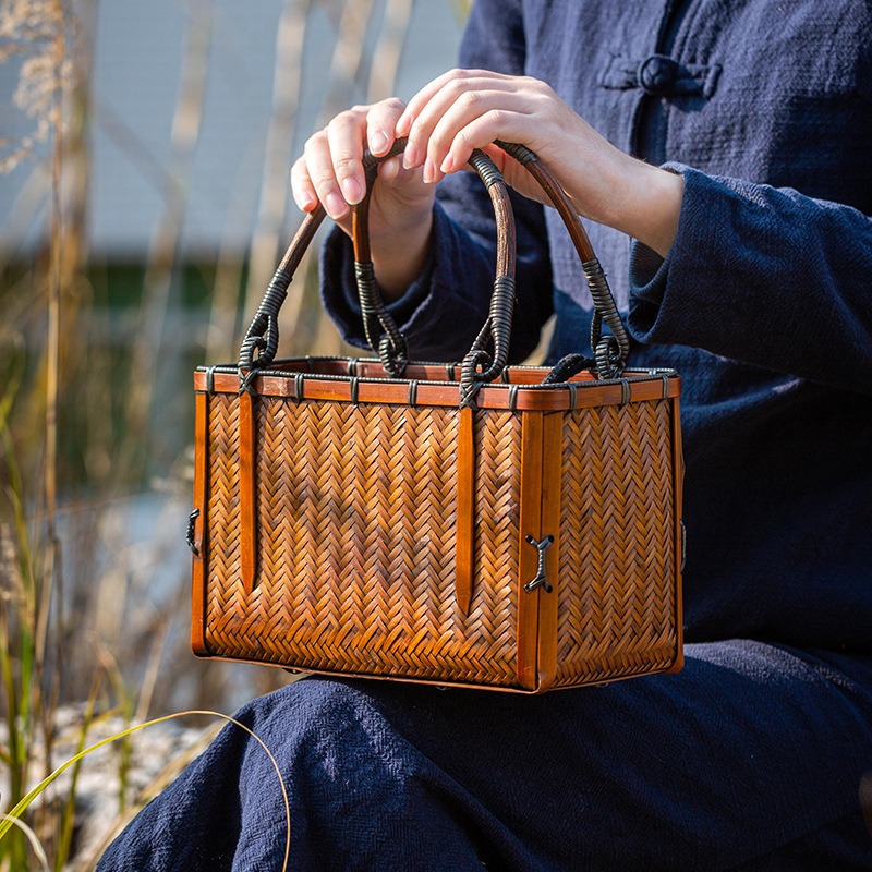 Japansk stil bambus vævede opbevaringsposer håndlavet retro kurv kinesisk stil tekop tepotte poser rejser udendørs te hygge  la458