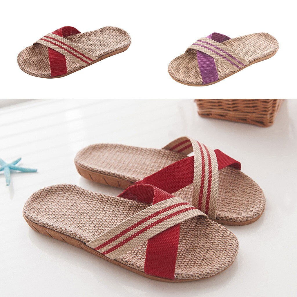 Chaussons pour femmes antidérapants lin maison intérieur bout ouvert chaussures plates pantoufles de plage chancletas verano mujer онееесесенаа# l30