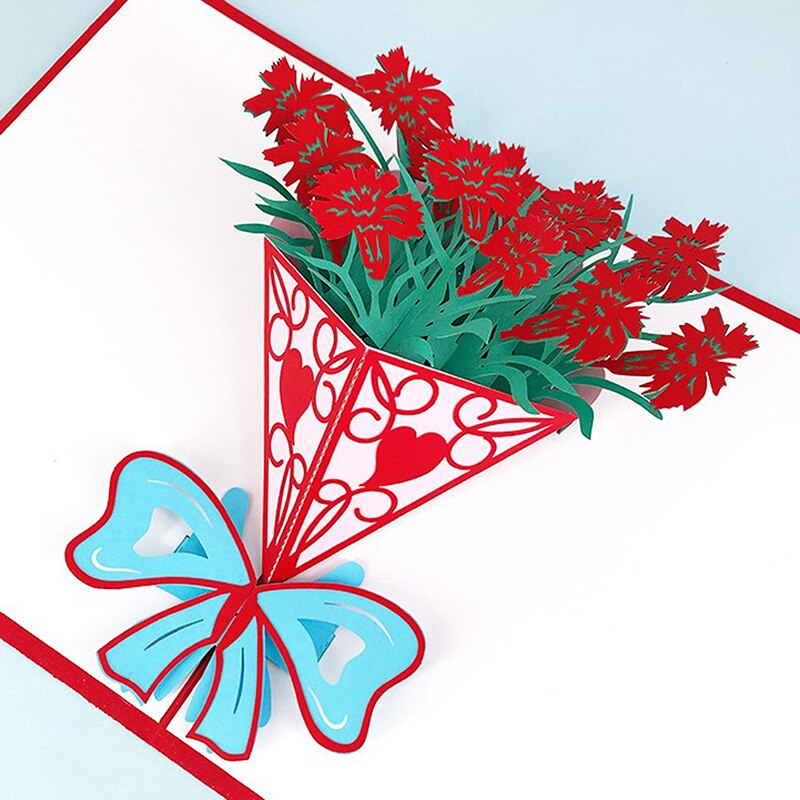 Carnation Flowers Bouquet Greeting Cards for Father Mother Birthday Card 3D Pop Up Cards Mothers Day Card I Love Mom
