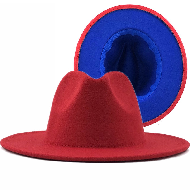 Purple Yellow Patchwork Unisex Panama Wool Felt Fedora Hats with Belt Buckle Women Men Wide Brim Party Trilby Gambler Hat 60CM: 03 / 58 61CM