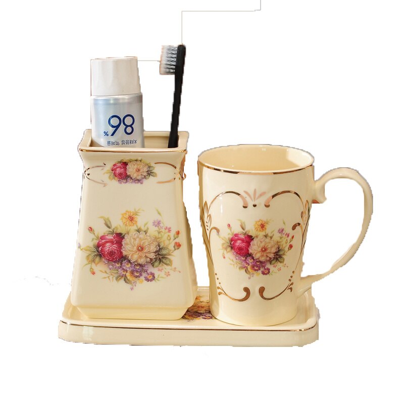 Juego de cerámica para baño, soporte y taza para cepillo de dientes, con bandeja, lavabo, par de cepillos de dientes eléctricos, 4 piezas