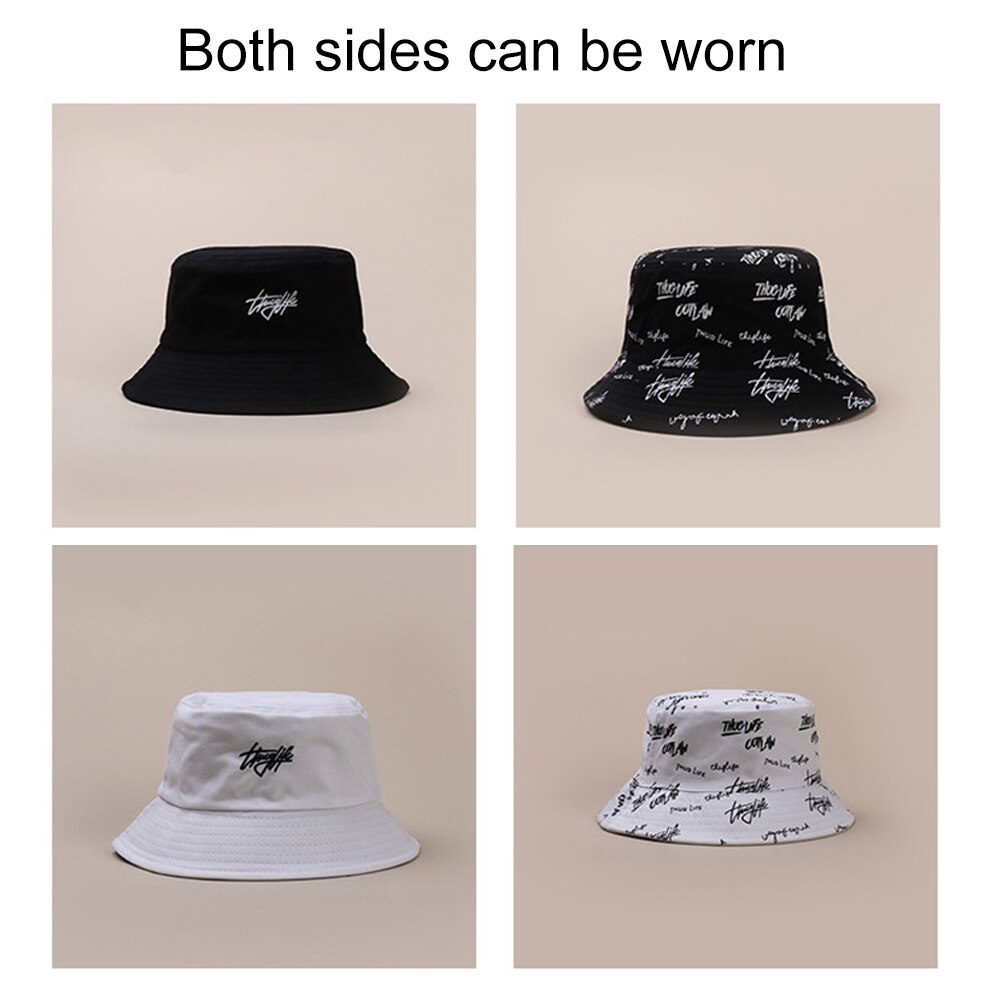 Unisex Outdoor Camping Hiking Bucket Hat English Letters Cotton Reversible Sun Protection Foldable Cap Bucket Hat
