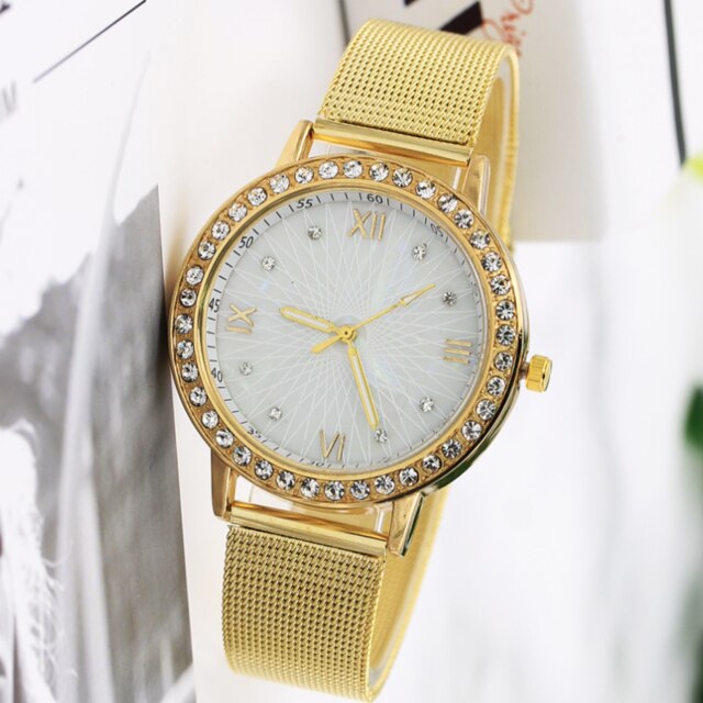 Woman Watch Golden Women Watches Luxury Rhinestone Stainless Steel Mesh Belt Ladies Quartz Female Clock часы reloj mujer: gold