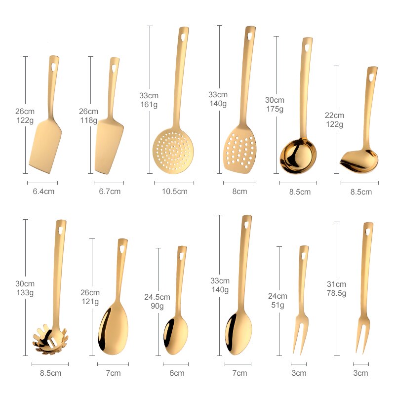 Gold Cooking Tools Set Stainless steel Soup Ladle Spatula Metal kitchenware Colander Rice Spoon Cake Shovel cookware