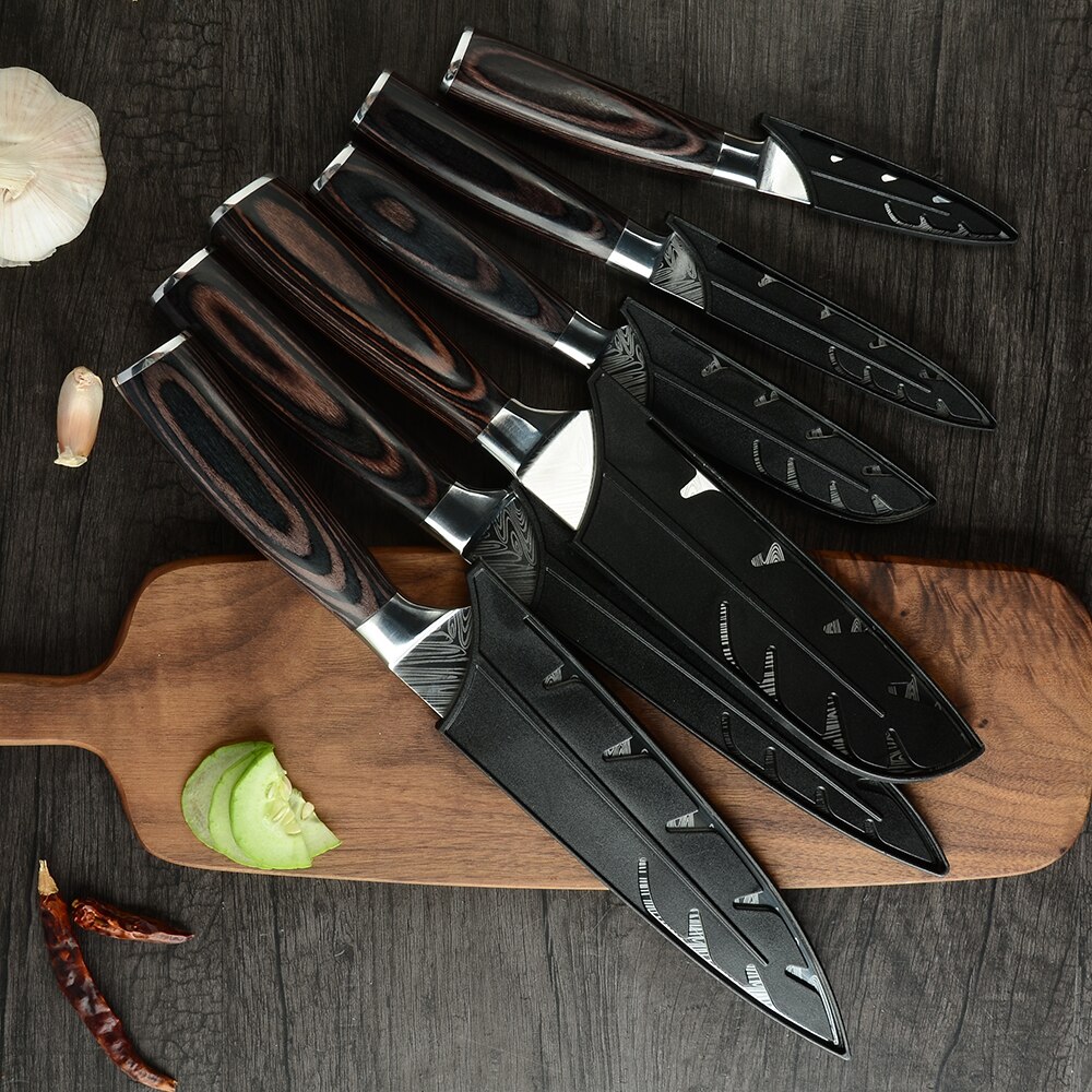 XYj Kitchen Stainless Steel Pro Chef Knives Set Wall Knife Storage Holder Butcher Cleaver Knife Damascus Veins Blade Knifes