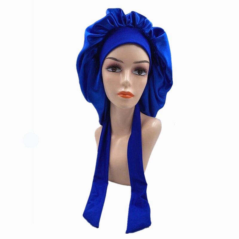 Women Night Sleep Cap Satin Solid Sleeping Hat Hair Care Bonnet Nightcap Unisex Head Cover Caps Shower Turban Wide Elastic Band: Dark Blue