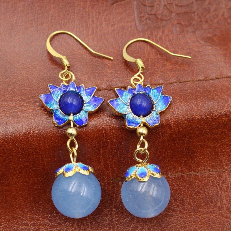Yanting Cloisonne orecchini di loto per le donne perle di calcedonio blu orecchini dei monili di modo etnico orecchini regalo di compleanno 087