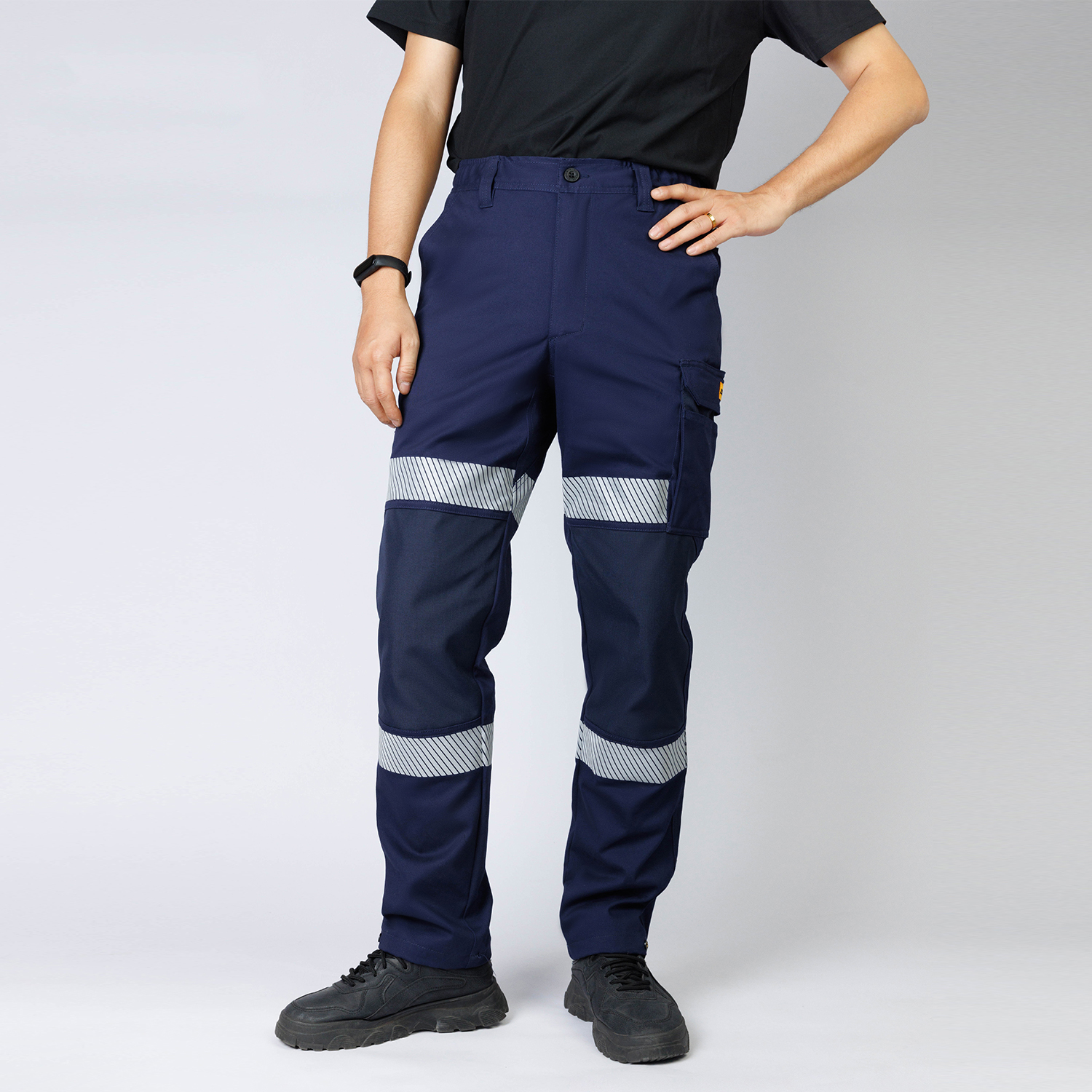Pantalon de travail bleu marine pour homme, 100% coton, pantalon de travail extensible, vêtements de travail multi-poches avec rayures ZE: 4XL