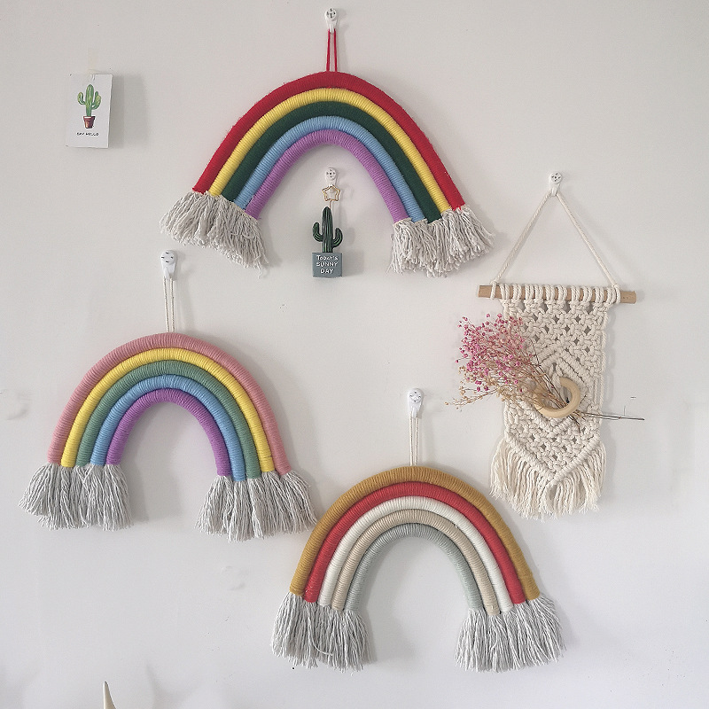 Adornos colgantes de arcoíris tejidos a mano, decoración de pared para habitación de bebés y niñas, colgantes para guardería, accesorios para habitación de niños