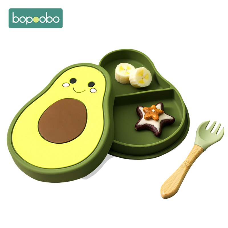 Bopoobo Baby Schalen Platten Gabel Silikon Saug Fütterung Lebensmittel Geschirr Nette Avocado freundlicher Gerichte Lebensmittel Fütterung Schüssel für freundlicher