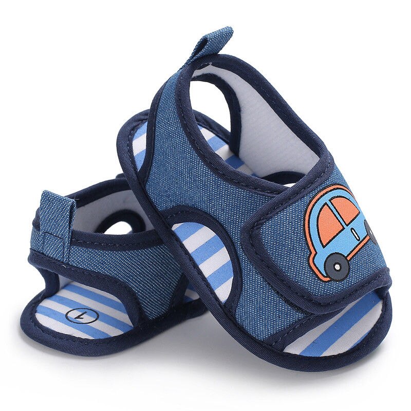 Neugeborenen Baby Jungen Mädchen Sommer Sandalen Nette Karikatur Auto Drucken Weiche Sohle Krippe Schuhe verstopft Kleinkind Prewalker Sandalen Schuhe: Blau / 7-12 Monate