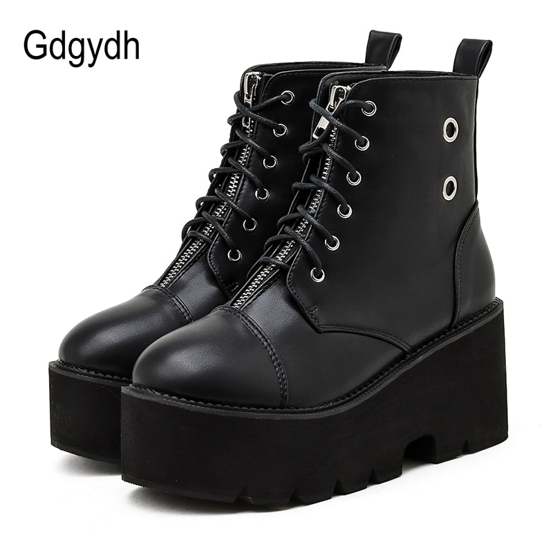 Gdgydh svarta punknitar platåkängor kvinnor snörning dragkedja chunky klack skor för modell fest höst