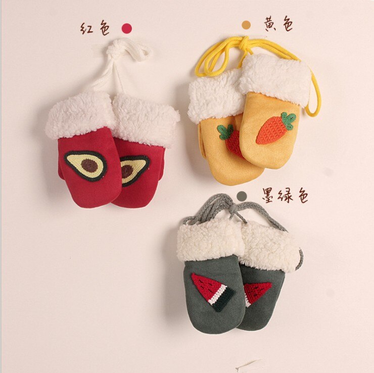 Kinderhandschoenen fruit borduurwerk winterhandschoenen voor meisjes en jongens geel groen grijs rood roze