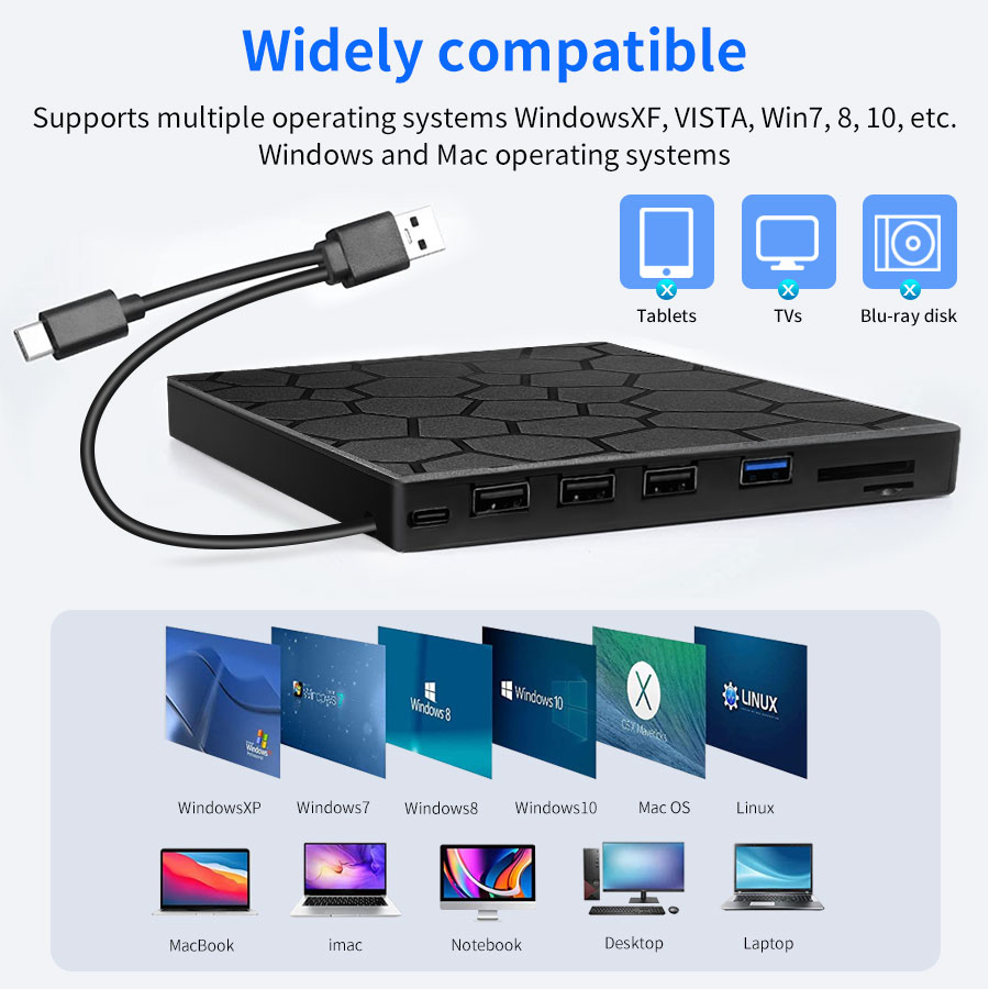 7-in-1 External DVD RW CD Player Optical Drives DVD Burner Recorder USB 3.0 SD TF Card Reader Disk Drive for PC Laptop Desktop