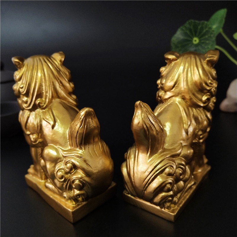 2 stk gylne kinesiske løver statue skulpturer dyr figurer feng shui ornamenter håndverk hage dekorasjon statuer for hjemmet