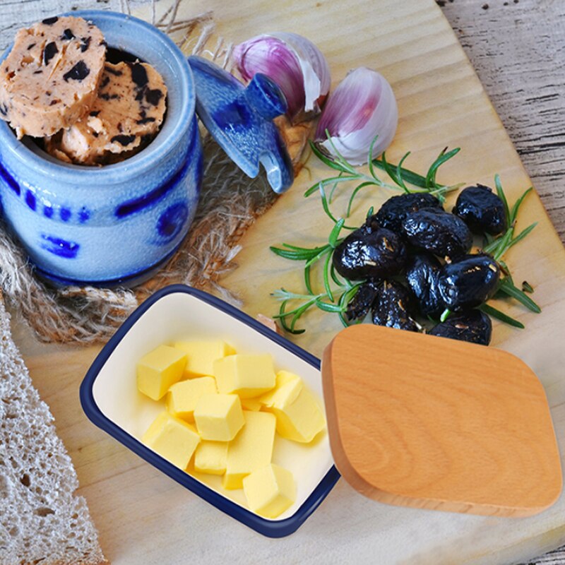 Nordic Butter Box Ceramic Butter Plate Keep Fresh Kitchen Food Butter Cheese Sealing Container Storage Box with Wooden