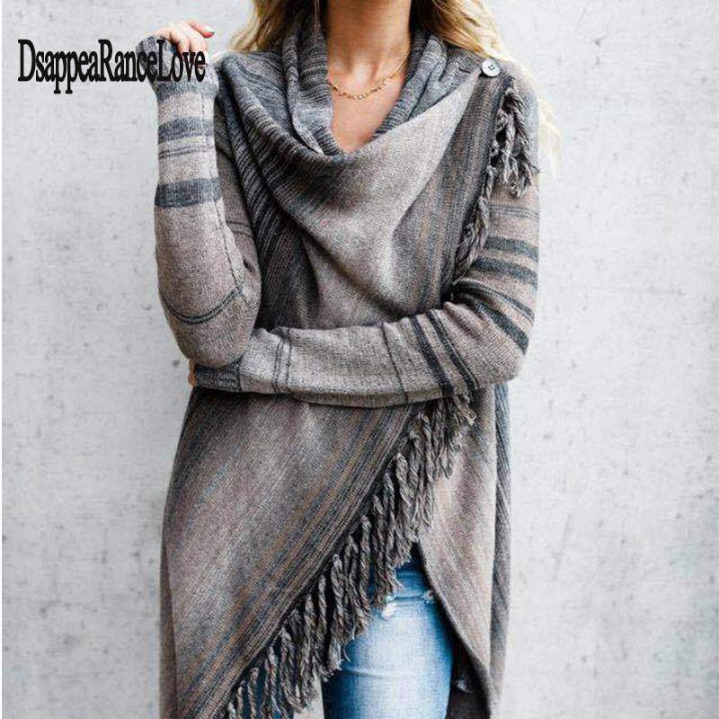 Kvinders forår efterår kvinders strikket lang uregelmæssig sweater kvinder afslappet kvast cardigan sjal
