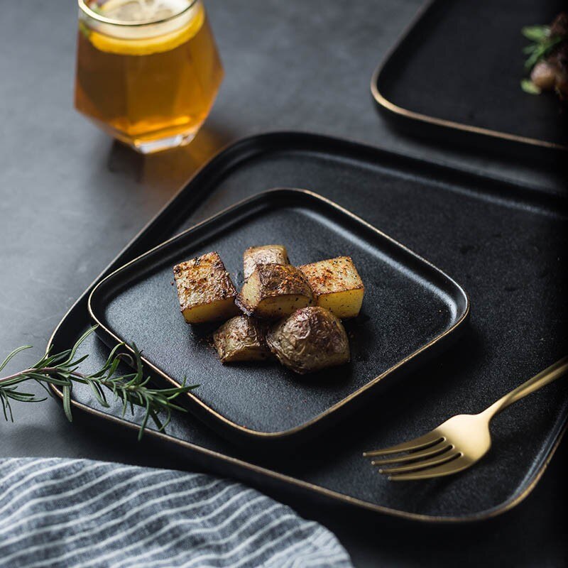 retro ceramiczne czarne steki płytkie talerze porcelanowe kwadratowe matowe matowe odporne na zarysowania naczynia naczynia spożywcze przekąnarty naczynia