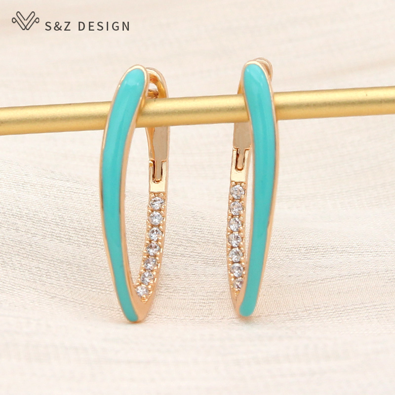 S&Z Mode Goud Kleur Groen Emaille Dangle Oorbellen Voor Vrouwen Bruiloft Zirconia Sieraden: Bruin