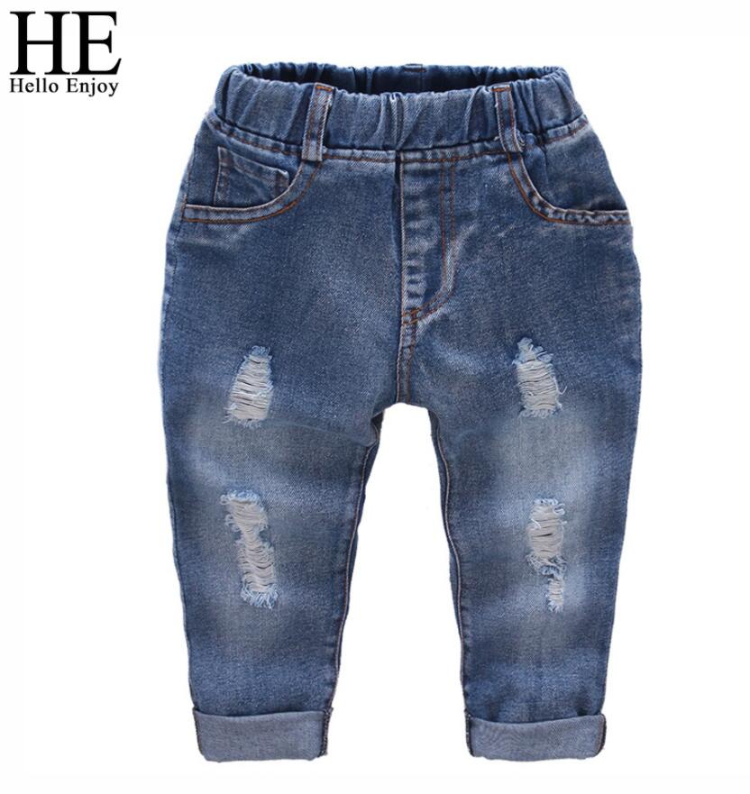 Hej god fornøjelse drenge og piger flåede jeans efterår stil denim bukser til børn børn hul bukser forårs tøj: 4