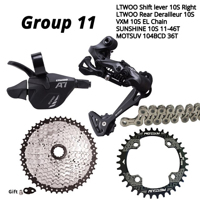 LTWOO A7 1X10S Groupset 10 speed shift lever derailleur SUNSHINE cassette 42T 46T 50T VXM Chain MOTSUV Chainring 32T 34T 36T 38T: 104BCD-36T 11-46T