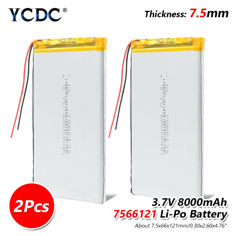 1/2/4pcs 3.7V 8000mAh Li-Po Rechargeable Battery 7566121 For Tablet DVD MID GPS, tablet, Vehicle Traveling Data recorder, E-book: 2x Battery