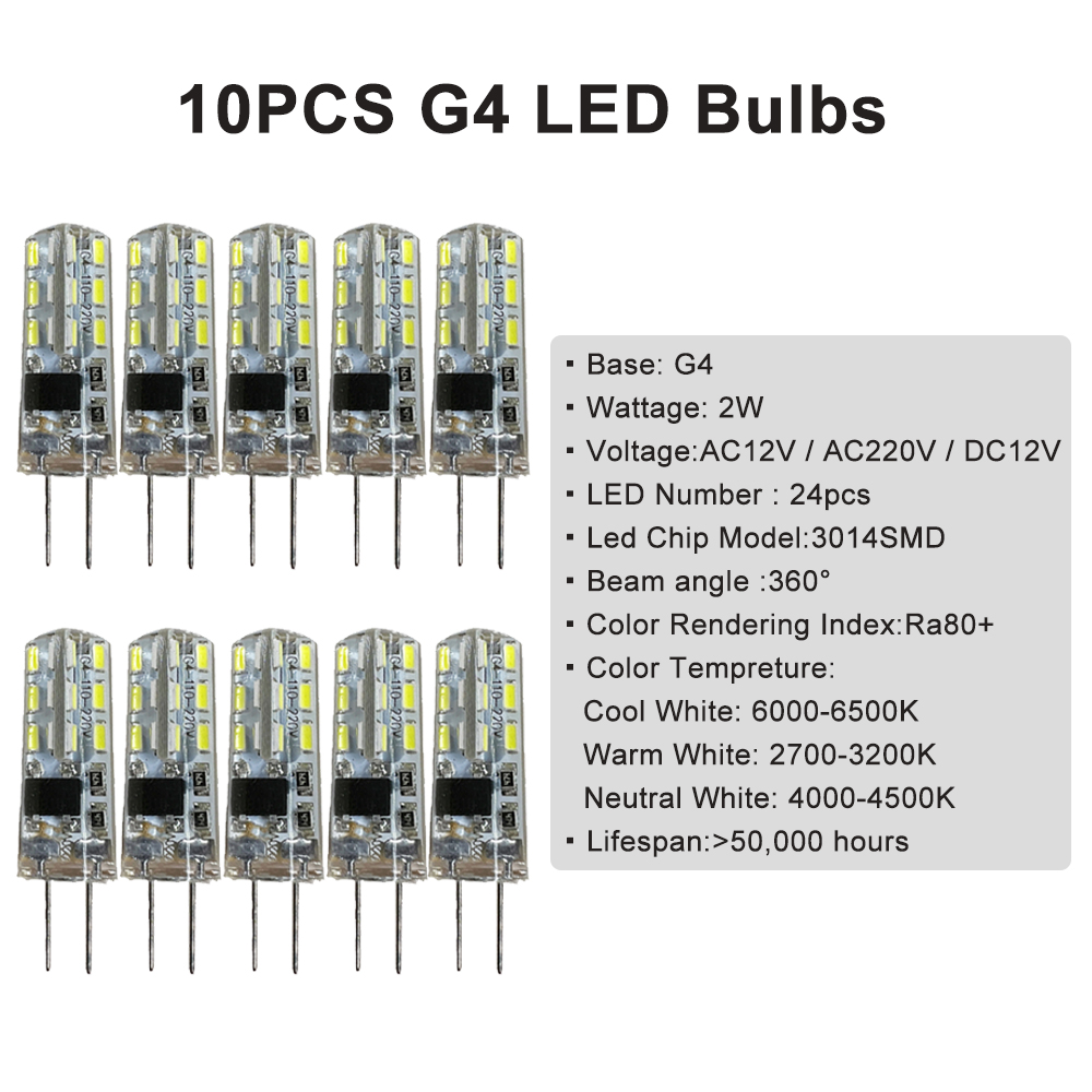 Mini ampoules LED G4 pour lustre domestique, lampe en silicone, lumière froide, melon al, blanc , 3014SMD, 12V, 220V, 2W, 10 pièces