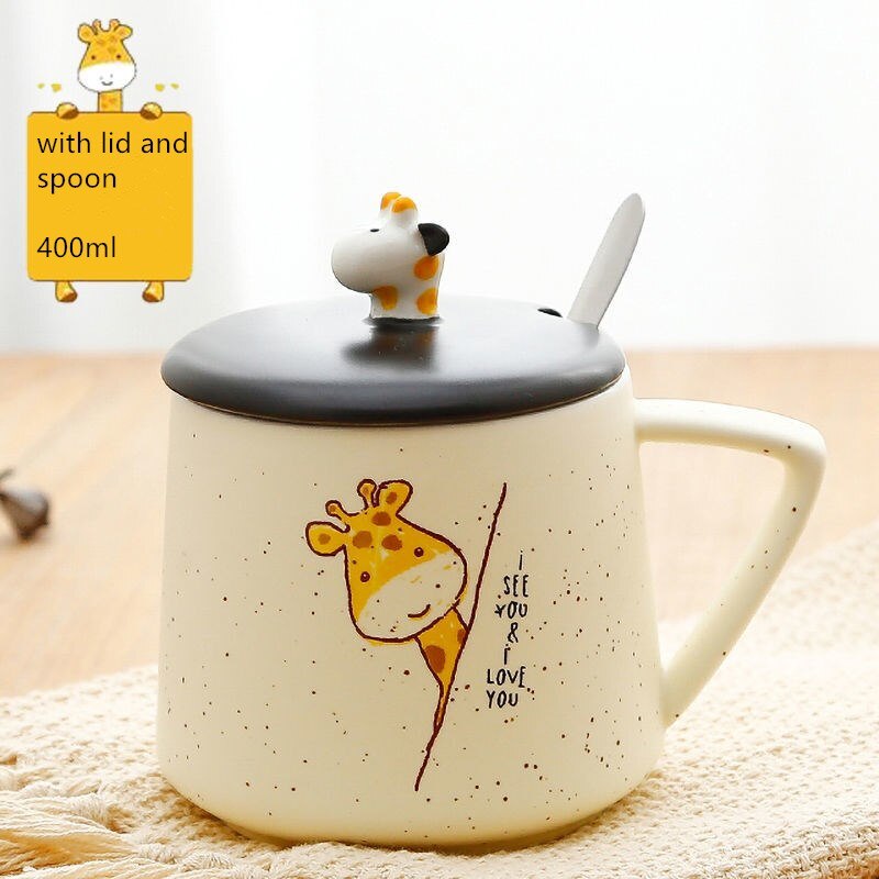 Giraffe Heat-resistant Mug Cartoon with Lid 400ml Cup Kitten Coffee Cup Travel Mug Ceramic Mugs Office Drinkware