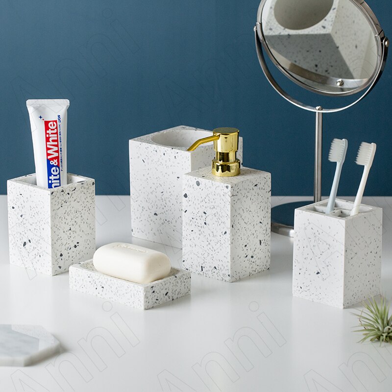 Blue Terrazzo Painted Bathroom Accessories Set Ceramic European Modern Household Four-piece Toothbrush Holder Soap Dish
