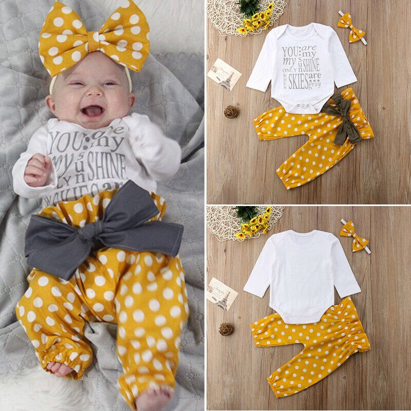 Baby Girl Infant Tops Romper Dot Bowknot Pants Leggings 3Pcs Outfits Clothes