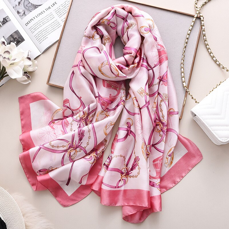 silk scarves women Popular chain print silk scarf muffler lady flower scarves luxury shawl beach wraps hijab