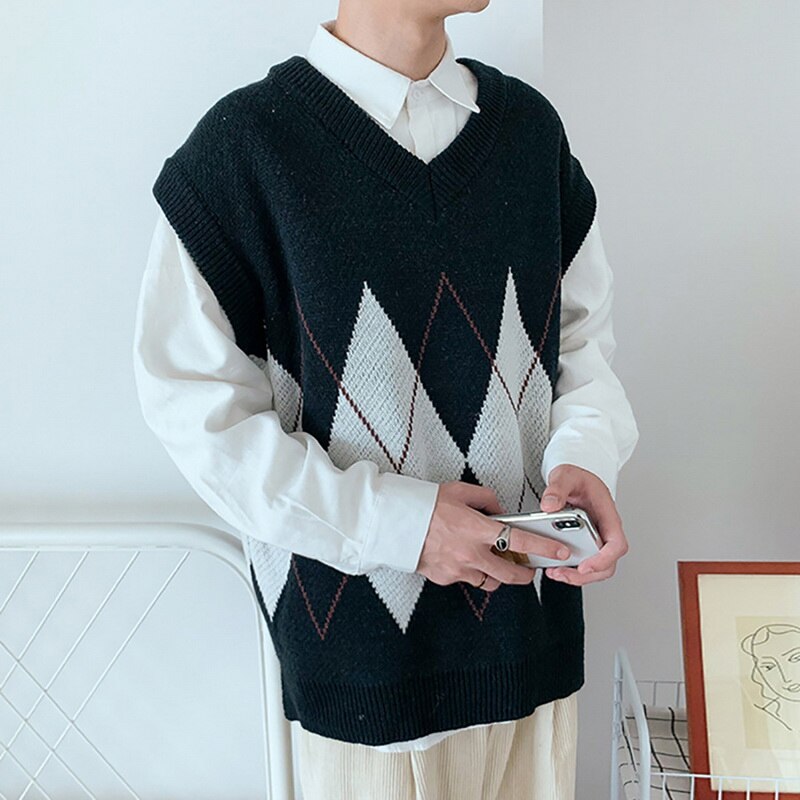 Suéteres sin mangas con cuello en V para hombre, retales con corte lateral, estilo pijo, Retro, ,