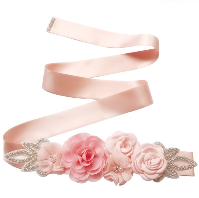 Green Blue Blush Pink White Flower Belts For Women Girl Flower Style Bridal Prom Dress Accessories Bridesmaid Sash Floral Belt: peach