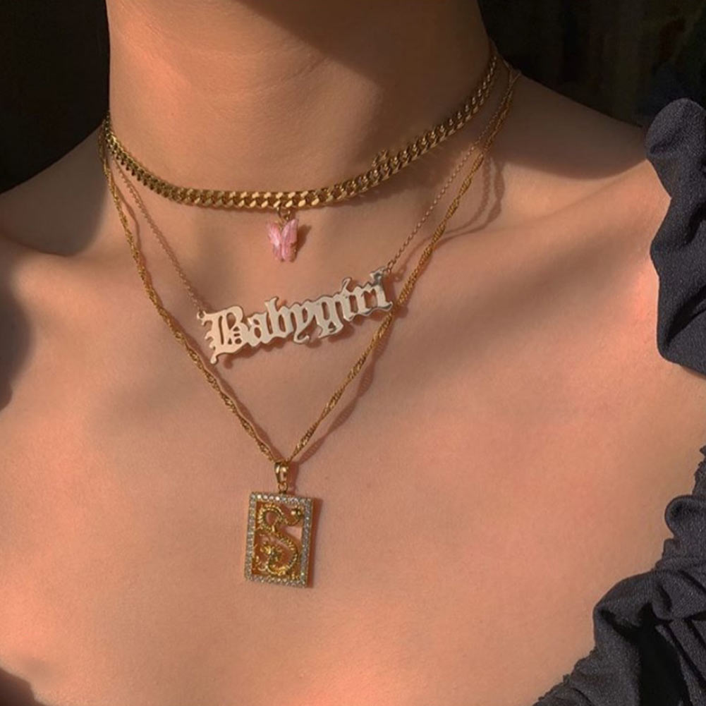 Collares de cristal multicapa con de mariposa y dragón para mujer, cadena de clavícula con letras de Ángel dorado Punk, joyería para de hip hop, novedad